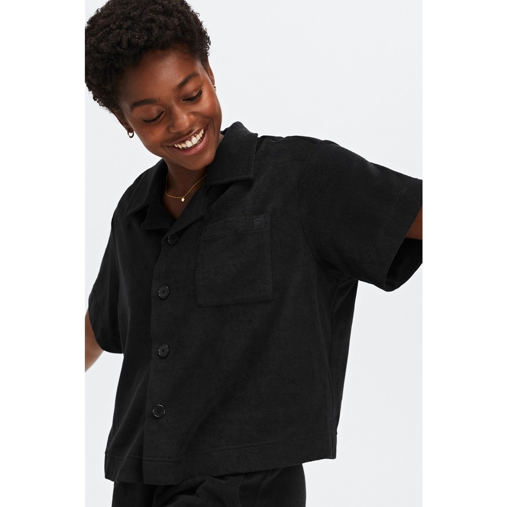 Fabletics Womens Island Terry Boxy Button Up Shirt‎ Black Size XXL Relaxed NWT